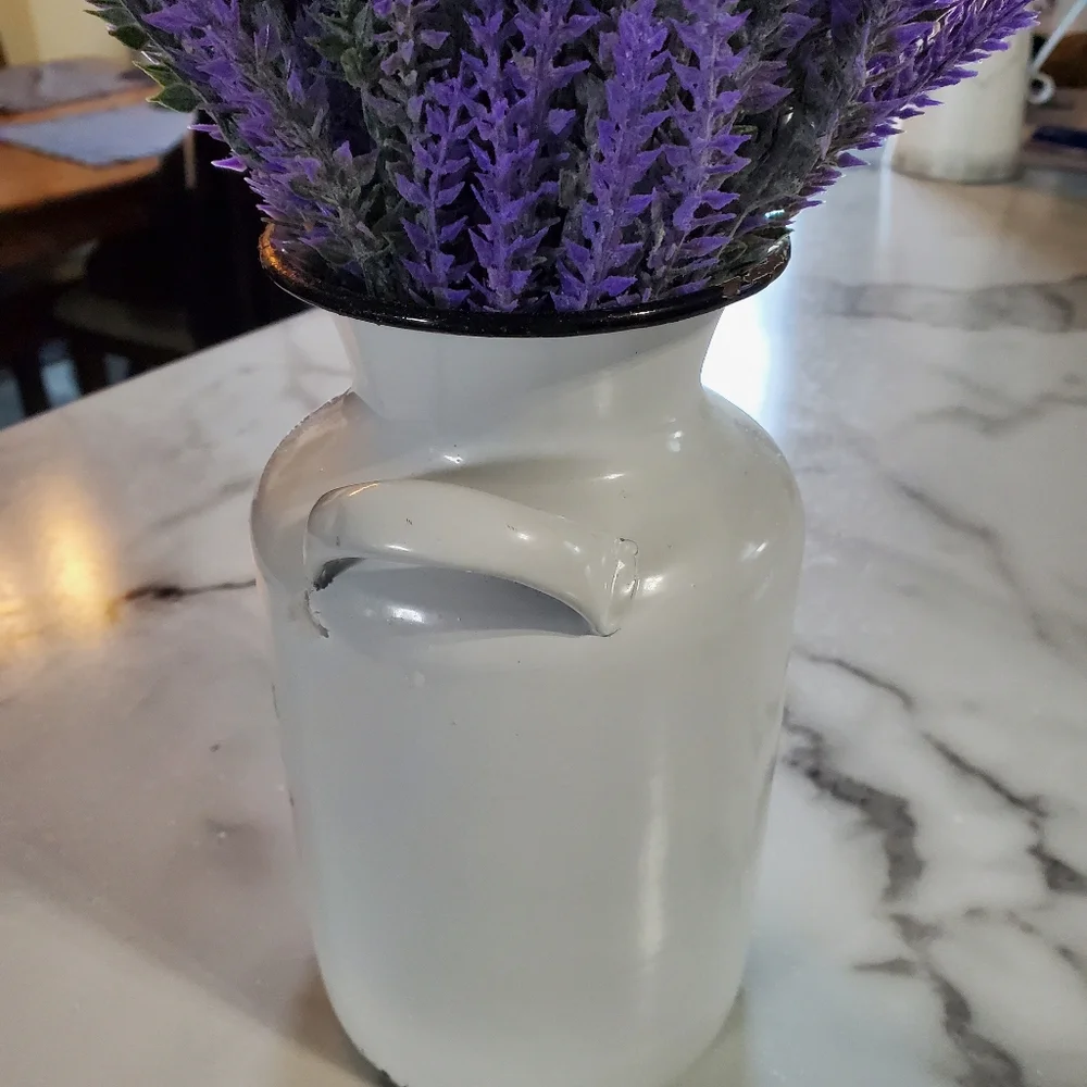 Lavender Artificial Flowers in Milk Jug Metal Vase